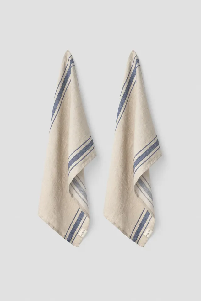Hellstrøm kjøkkenhåndkle lin beige blå 2-pk 50x70 cm